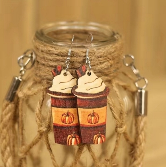 CUTE Pumpkin Spice Latte Dangle Drop Earrings NEW - Picture 2 of 5